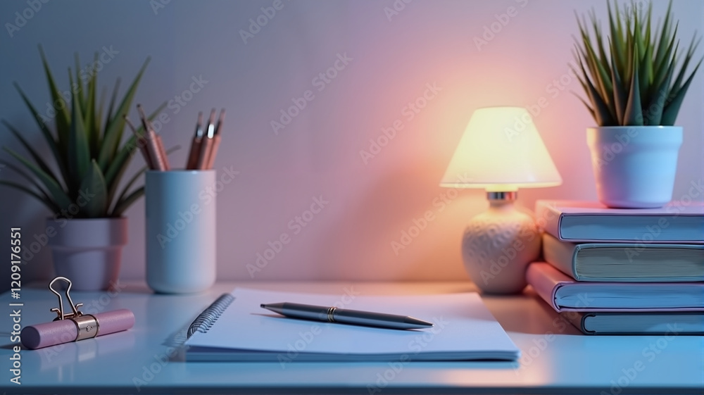 Fototapeta premium Minimalist workspace with soft pastel decor at dusk, inspire creativity