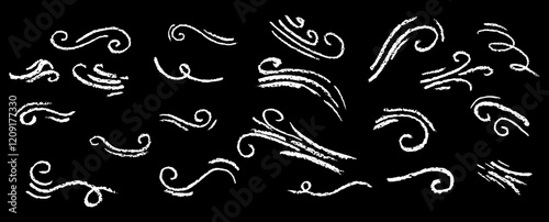 Set of white motion lines. Collection of modern abstract wind symbols. Hand drawn by wax, chalk or charcoal pen cartoon curly squiggle, craft weather hurricane sign on black bg. Vector illustration