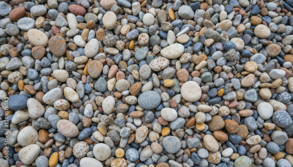 A close-up view of various smooth pebbles and stones on the ground. A close-up view of various smooth pebbles and stones on the ground.