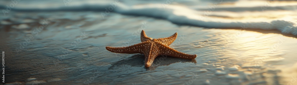 A starfish rests atop the shimmering ocean sand, surrounded by gentle waves, capturing the beauty of marine life in a tranquil coastal scene. A starfish rests atop the shimmering ocean sand, surrounded by gentle waves, capturing the beauty of marine life in a tranquil coastal scene.