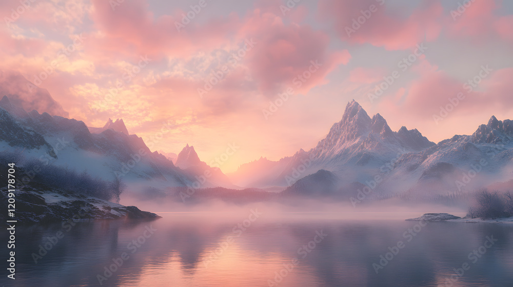 serene sunrise over tranquil lake surrounded by snow capped mountains and soft pink clouds, creating peaceful and picturesque landscape serene sunrise over tranquil lake surrounded by snow capped mountains and soft pink clouds, creating peaceful and picturesque landscape