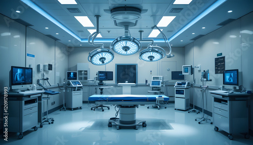 Empty Operating Room in a Modern Clinic with Advanced Surgical Lights and Medical Equipment