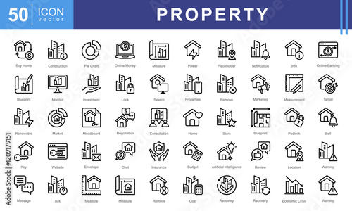 Property icon collection set. Containing buy home, personal, location, buildings, housing, residential, apartment icon.