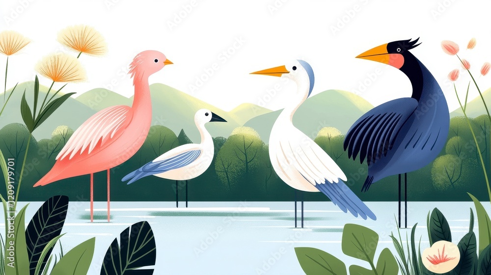 Obraz premium Colorful Bird Illustration in Nature with Stylized Tropical Plants