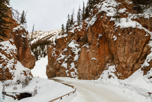 Red gate in winter in Ulagan district of the Altai Republic - a natural monument of the Altai Republic. Russia