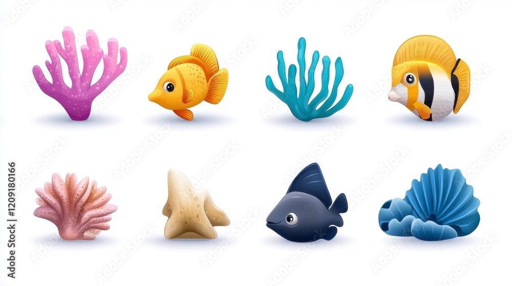 Fototapeta premium Colorful Underwater Scene with Coral and Cartoon Fish Characters