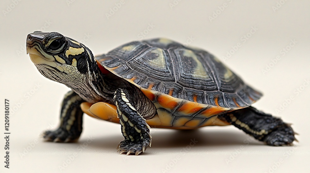Tiny turtle walking slowly on a white background its shell patterns clear and vivid Tiny turtle walking slowly on a white background its shell patterns clear and vivid