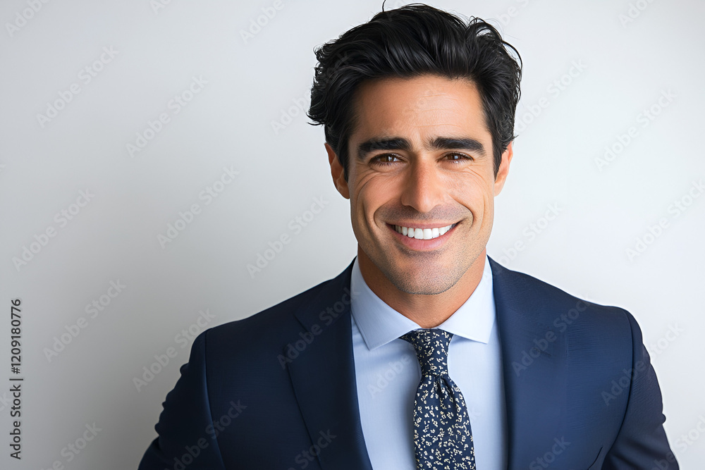 Confident and Successful: A handsome businessman with a charming smile and piercing gaze, exuding confidence and success. He's dressed in a sharp blue suit, white shirt, and patterned tie. Confident and Successful: A handsome businessman with a charming smile and piercing gaze, exuding confidence and success. He's dressed in a sharp blue suit, white shirt, and patterned tie.