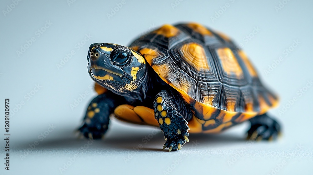Obraz premium Tiny turtle walking slowly on a white background its shell patterns clear and vivid