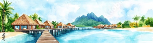 A serene tropical paradise featuring overwater bungalows  clear blue waters  and lush green mountains in the background  perfect for vacation inspiration.
