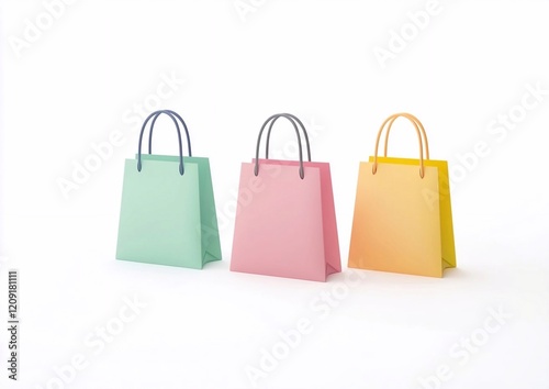Colorful shopping bags in pastel shades displayed on a clean background for retail presentation