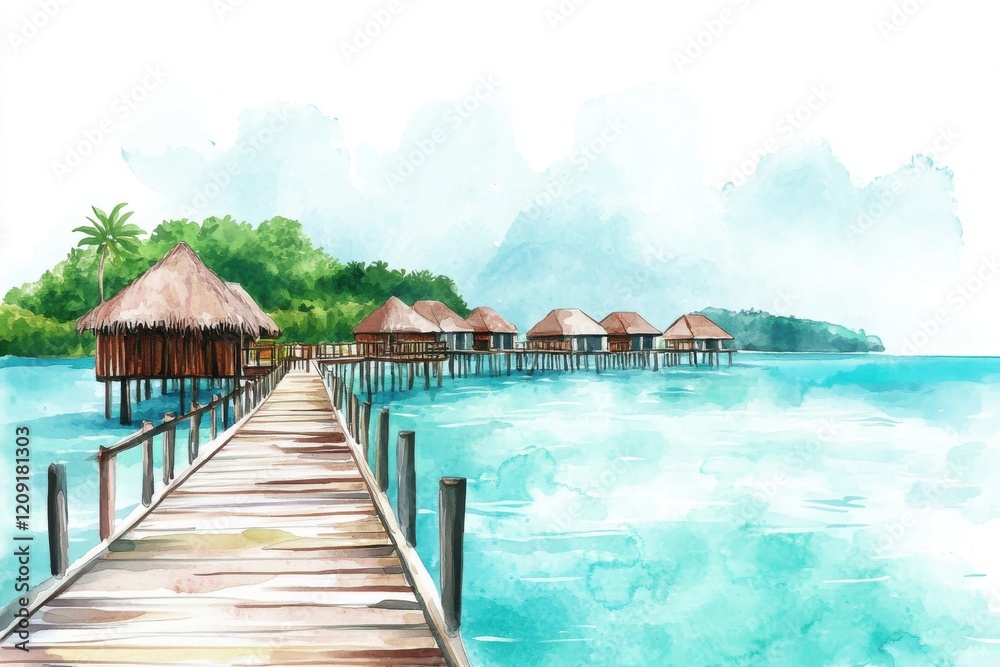 Fototapeta premium A serene watercolor depiction of a wooden pier leading to thatched-roof bungalows amidst a tranquil turquoise sea and lush green islands.