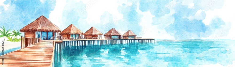 A serene watercolor illustration of overwater bungalows on a tropical beach, surrounded by crystal-clear water and a calm, blue sky. A serene watercolor illustration of overwater bungalows on a tropical beach, surrounded by crystal-clear water and a calm, blue sky.