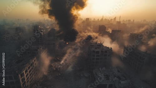 Destroyed city buildings after war aerial view of ruins and smoke in sunset sky