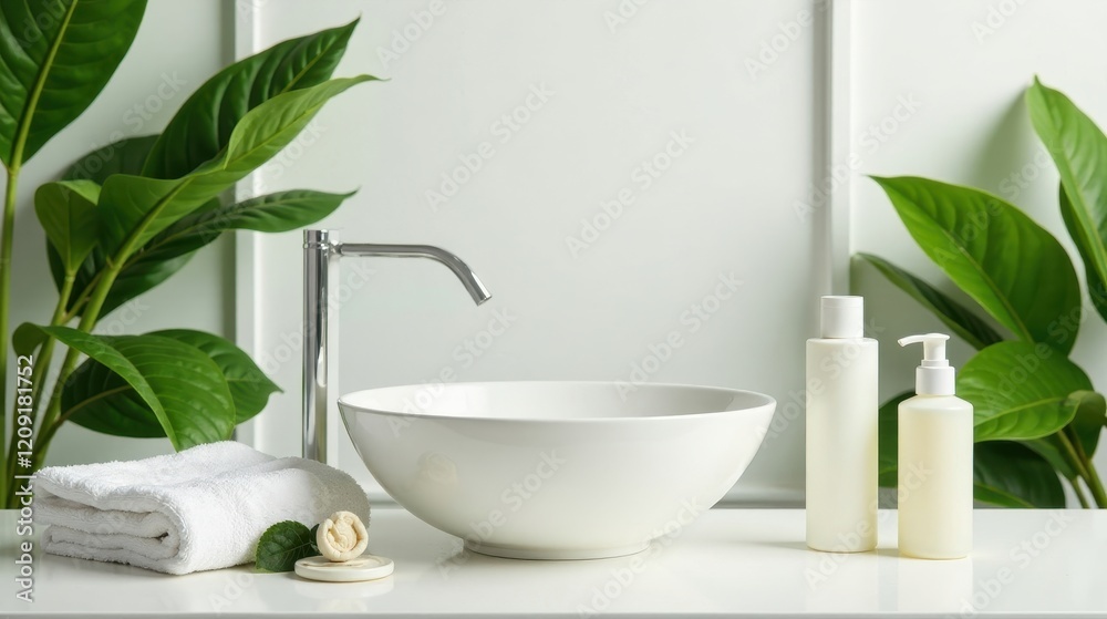 Fototapeta premium Serene Bathroom Still Life Clean Vessel Sink, Lush Foliage, and Simple Bath Products