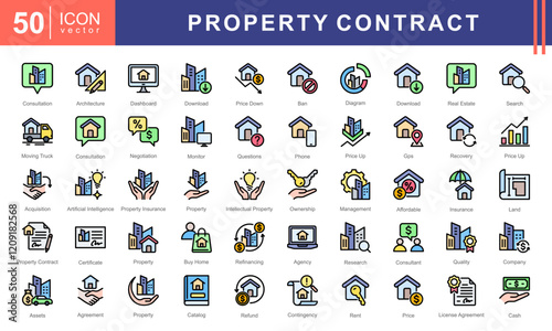 Property Contract icon collection set. Containing buildings, housing, residential, consultation, negotiation, management, rent, license agreement, property insurance, partnership, Acquisition icon.