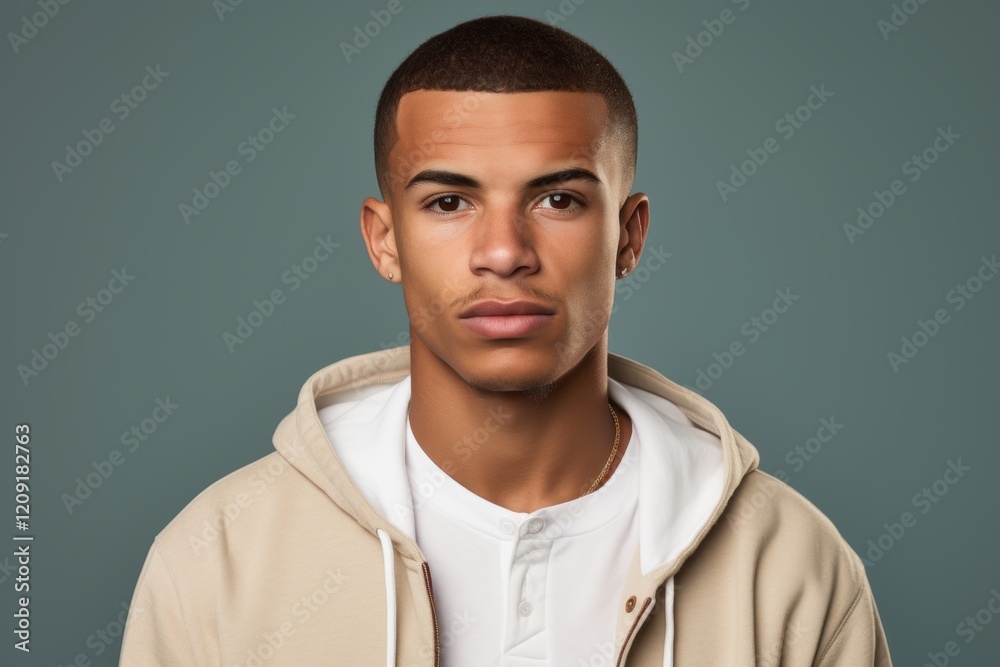 Obraz premium A man with a shaved head and a beard is wearing a white shirt and a tan jacket
