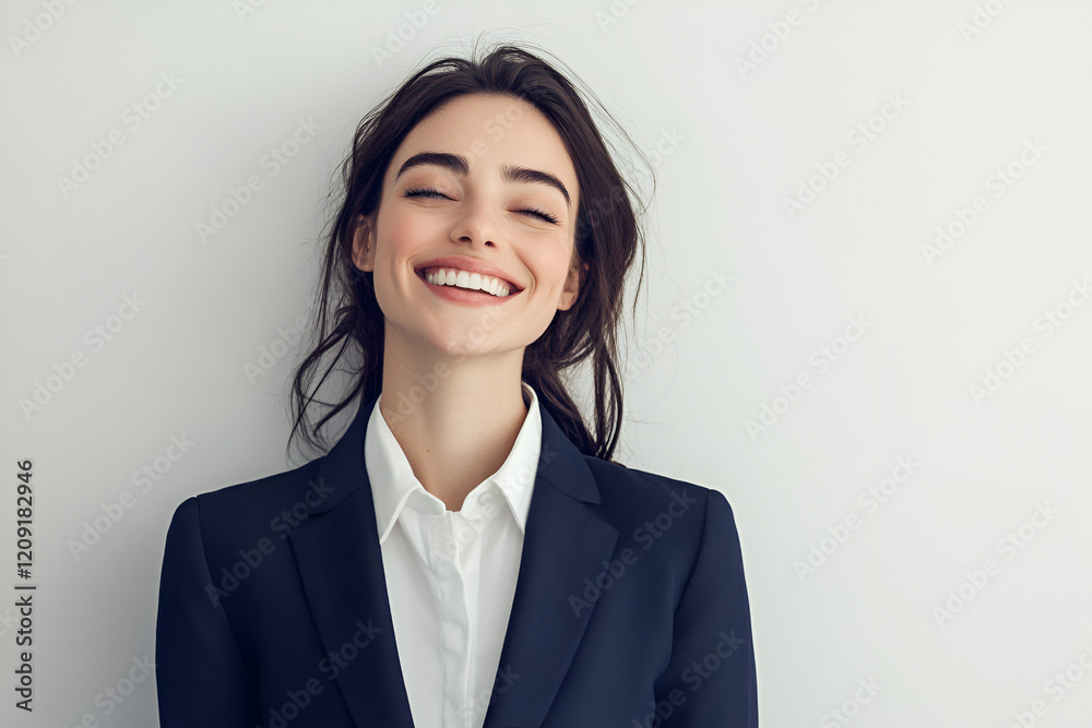 Radiant Confidence: A captivating portrait of a young woman radiating genuine joy, her eyes closed as she beams a bright, sincere smile, capturing the essence of happiness and inner peace. Radiant Confidence: A captivating portrait of a young woman radiating genuine joy, her eyes closed as she beams a bright, sincere smile, capturing the essence of happiness and inner peace.