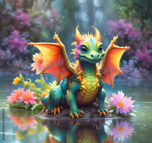 Illustration of adorable baby dragon. photo