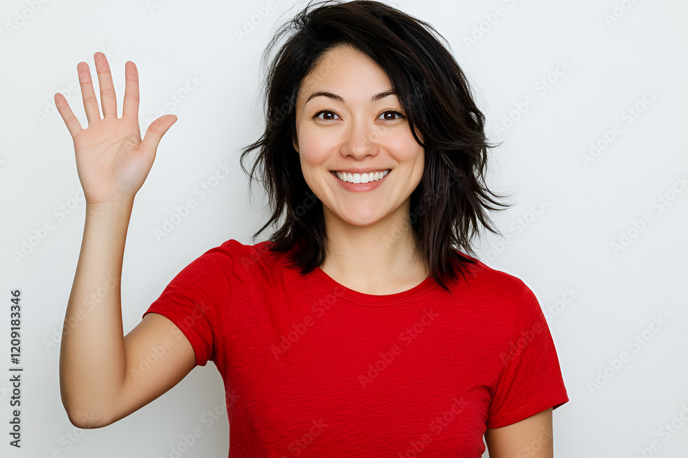 Smiling Woman Waving: A cheerful young woman with shoulder-length dark hair smiles warmly at the camera, her hand raised in a friendly wave. Her red t-shirt provides a vibrant pop of color. Smiling Woman Waving: A cheerful young woman with shoulder-length dark hair smiles warmly at the camera, her hand raised in a friendly wave. Her red t-shirt provides a vibrant pop of color.