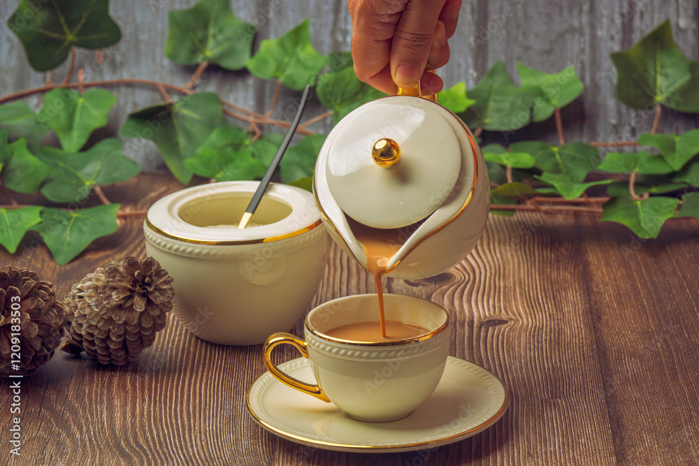 Indian masala chai tea. Masala chai spiced tea with milk and spices or karak chai or cutting chai. Tea being poured into ceramic glasses from a tea pot and spices on isolated background.