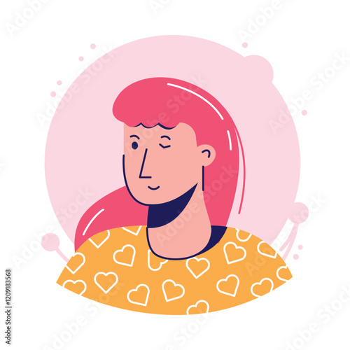 Woman portrait, a stylized design with vibrant hair and a subtle wink