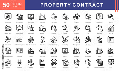 Property Contract icon collection set. Containing buildings, housing, residential, consultation, negotiation, management, rent, license agreement, property insurance, partnership, Acquisition icon.