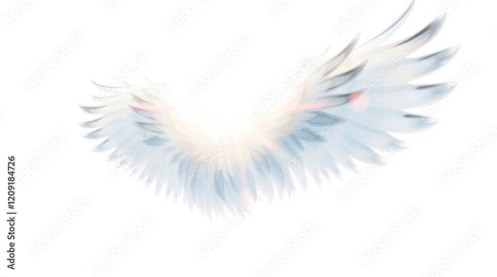 Obraz premium ethereal angel wings, wispy feathers, soft white glow, heavenly light, delicate texture, celestial, divine, graceful, floating, ethereal beauty, subtle blue tint, angelic, spiritual, magical, dreamy a
