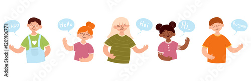 Children of different nationalities say hello in their native language.