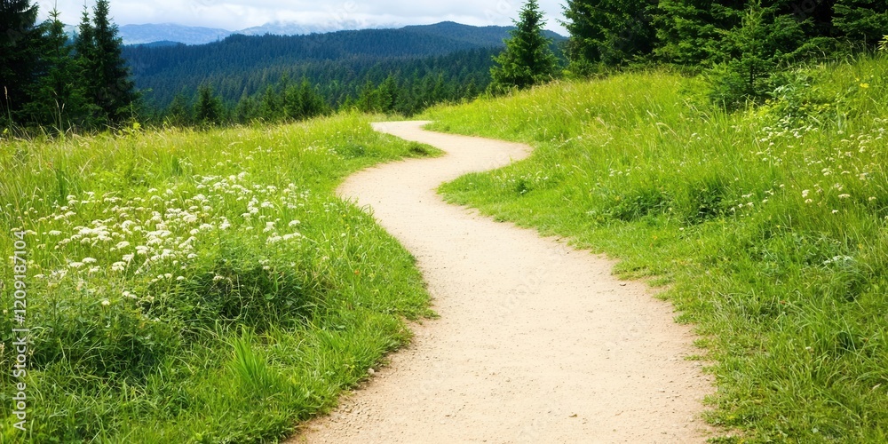 Winding nature trail scenic mountains outdoor path lush greenery serene landscape inviting journey Winding nature trail scenic mountains outdoor path lush greenery serene landscape inviting journey