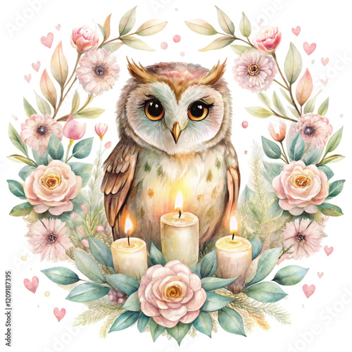 Candles  Owls  Valentine's Day Clipart Watercolor
