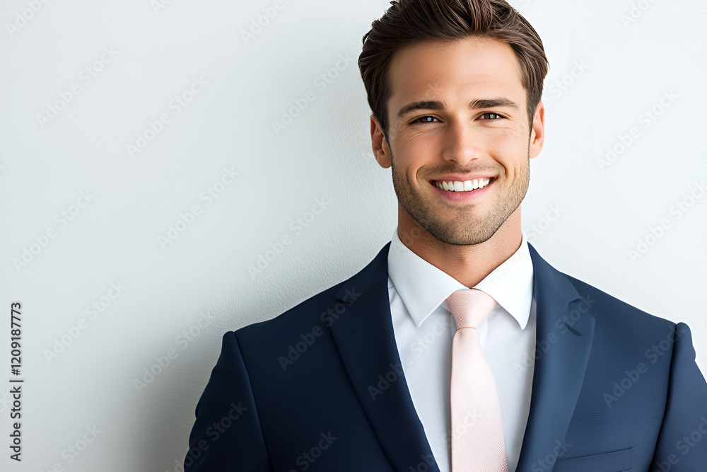Confident Businessman Portrait: A handsome, smiling man in a navy blue suit and light pink tie exudes confidence and professionalism. Confident Businessman Portrait: A handsome, smiling man in a navy blue suit and light pink tie exudes confidence and professionalism.
