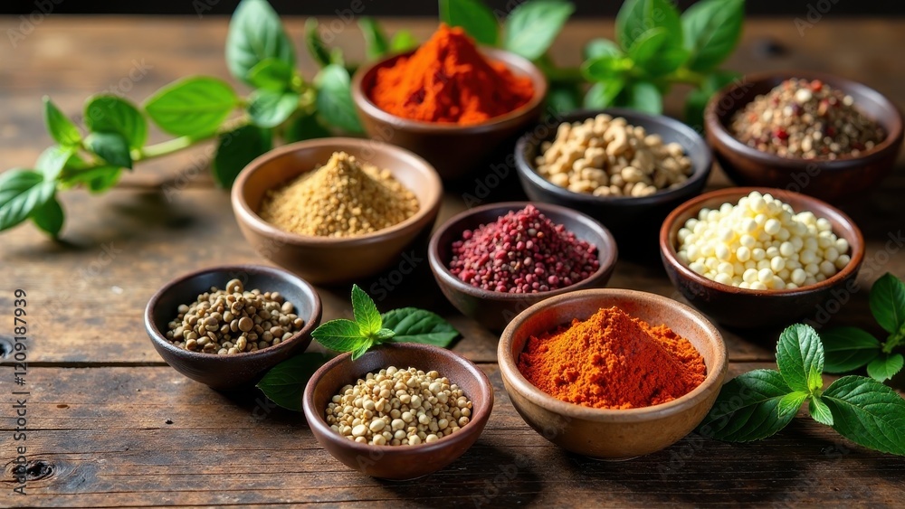 Aromatic Collection of Diverse Spices in Earthenware Bowls, Garnished with Fresh Herbs on Rustic Wooden Surface