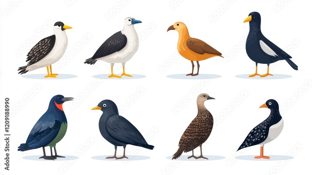 Colorful and Diverse Collection of Cartoon Birds on White Background Colorful and Diverse Collection of Cartoon Birds on White Background