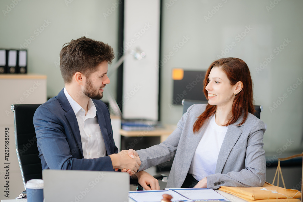 Obraz premium Business and Male lawyer or judge consult having team meeting with client, Law and Legal services concept