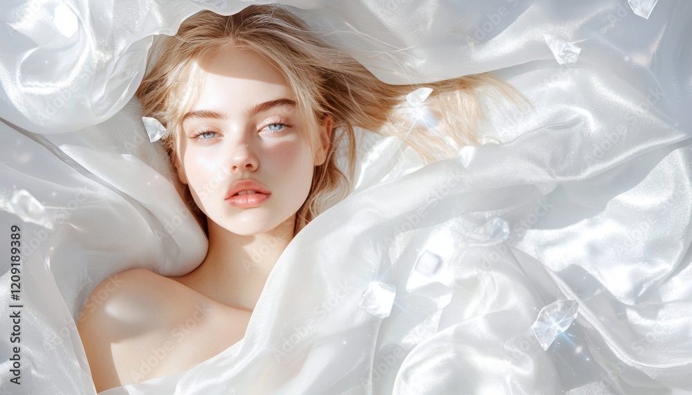 Peaceful young woman surrounded by flowing white silk and prisms of light, ideal for promoting luxury, relaxation, or meditation themes Peaceful young woman surrounded by flowing white silk and prisms of light, ideal for promoting luxury, relaxation, or meditation themes