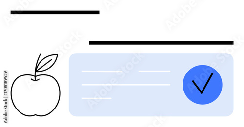Apple outline alongside pale blue box with blue checkmark, horizontal lines above and below. Ideal for concepts of validation, approval, health checks, education, nutrition, technology, minimalist