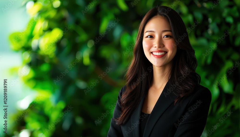 Professional businesswoman in a black suit smiling confidently in a modern office with natural light and greenery in the background