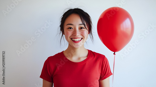 Radiant Joy: A young woman with radiant smile beams beside a vibrant red balloon, exuding a sense of pure, unbridled happiness.   photo