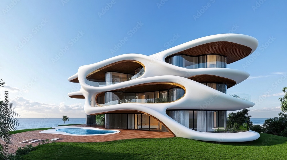 Fototapeta premium Modern architectural masterpiece with organic shapes and ocean view