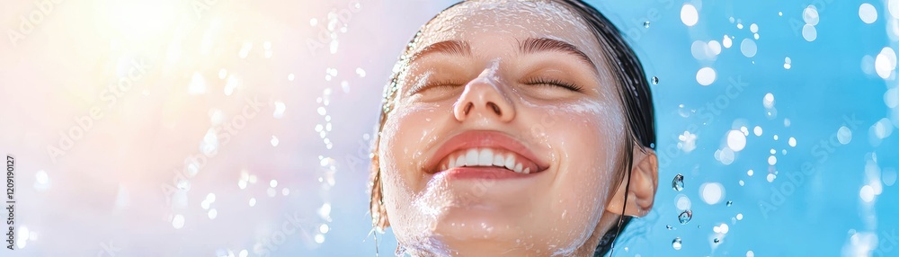 Fototapeta premium Radiant young woman smiling brightly with sunlight and water droplets surrounding her, exuding joy and freshness