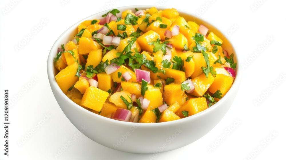 A bowl of tangy mango salsa with diced mango, red onion, cilantro A bowl of tangy mango salsa with diced mango, red onion, cilantro