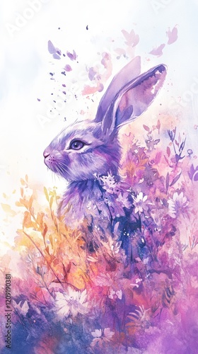 Cute Bunny in Flowers for Happy Easter Greeting Card photo