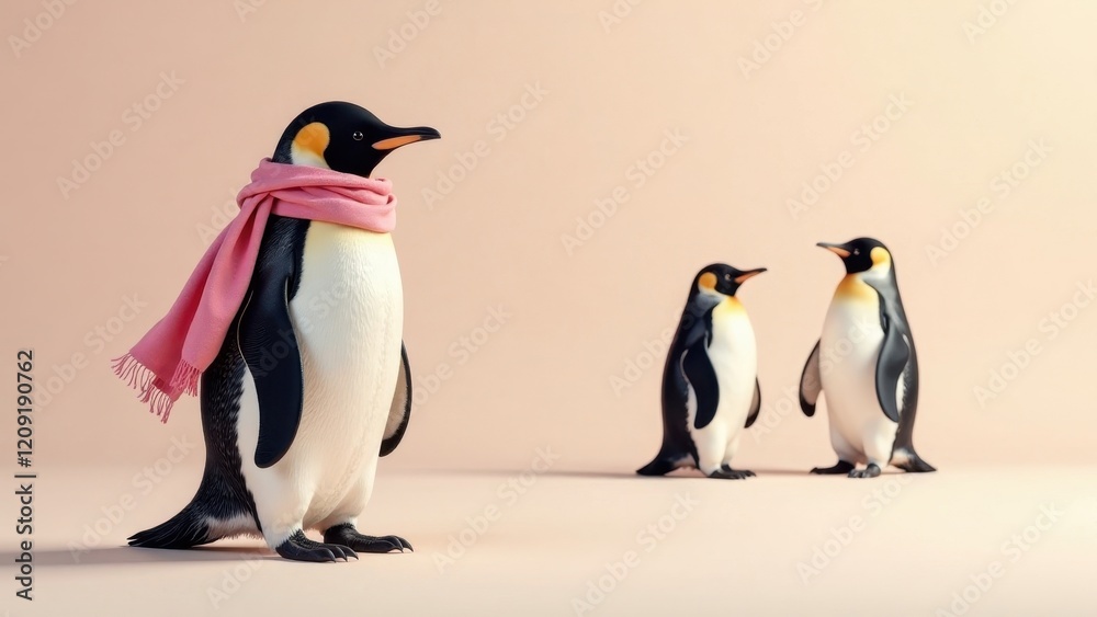 Obraz premium A stylish penguin, adorned in a soft pink scarf, stands apart from a pair of penguins, creating a charming winter scene on a delicate peach backdrop.