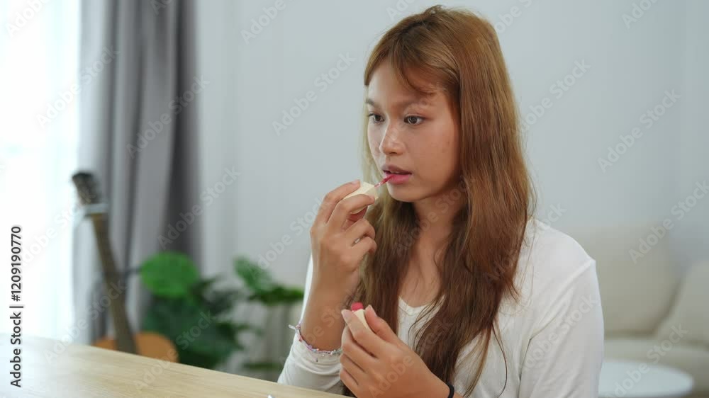 Young woman applying lipstick in a bright room with natural light, showcasing beauty routine and self-care, serene atmosphere and casual setting Young woman applying lipstick in a bright room with natural light, showcasing beauty routine and self-care, serene atmosphere and casual setting