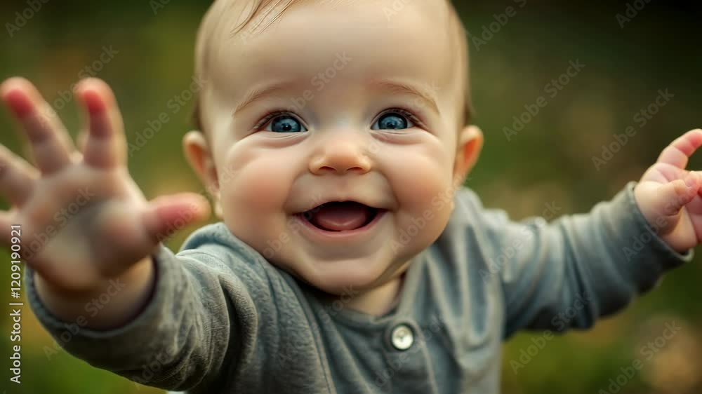 A happy baby reaching towards the camera with tiny fingers, soft focus on the joyful expression, with a natural outdoor background. A happy baby reaching towards the camera with tiny fingers, soft focus on the joyful expression, with a natural outdoor background.