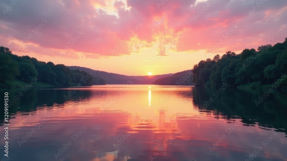 Fototapeta premium Serene Sunset Over a Tranquil Lake Reflected in Still Waters, Enveloped by Lush Green Foliage
