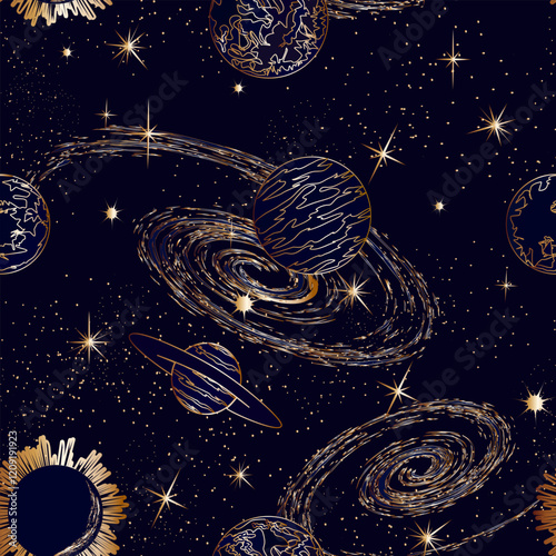 Stars and planets in illustration.Vector pattern with planets, stars and galaxies on a colored background.