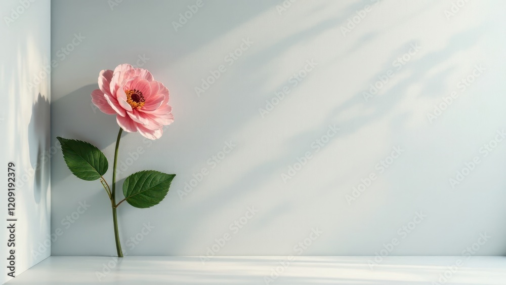A single pink flower in a minimalist setting bathed in soft sunlight casts delicate shadows against a pale wall. A single pink flower in a minimalist setting bathed in soft sunlight casts delicate shadows against a pale wall.