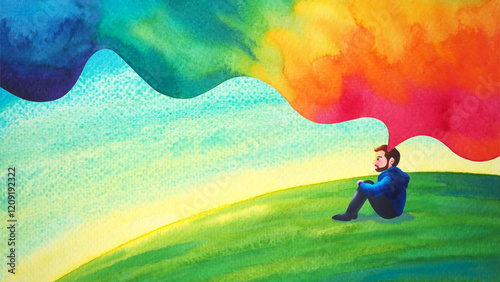 human man meditate body mind mental health conscious yoga chakra spiritual holistic healing breath peace abstract imagine emotion energy meditation world universe watercolor painting illustration art